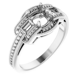 18K White 6x6 mm Cushion Vintage-Inspired Halo-Style Engagement Ring Mounting